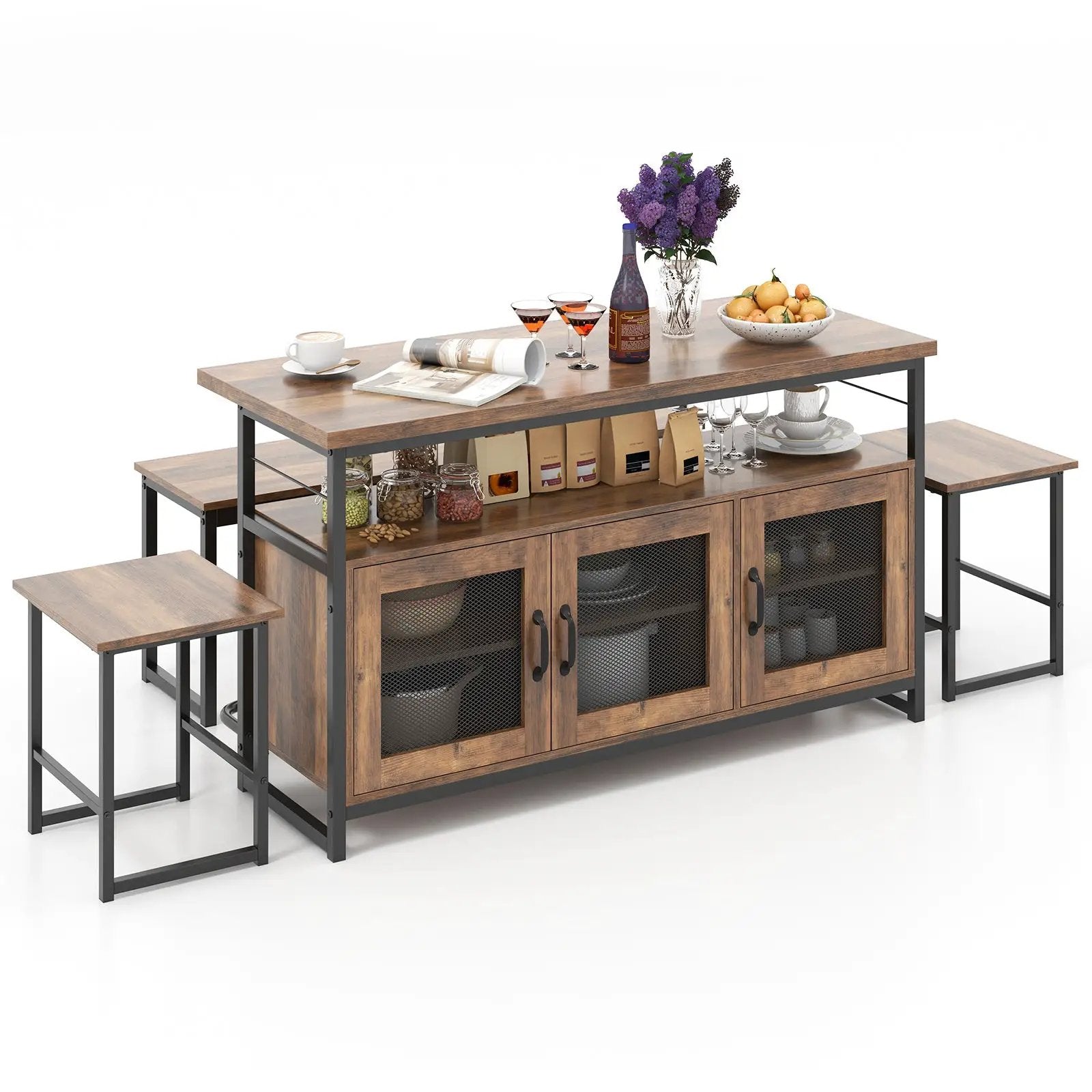 4 Piece Kitchen Island Set with Bench and Storage-Brown by DirectDeals