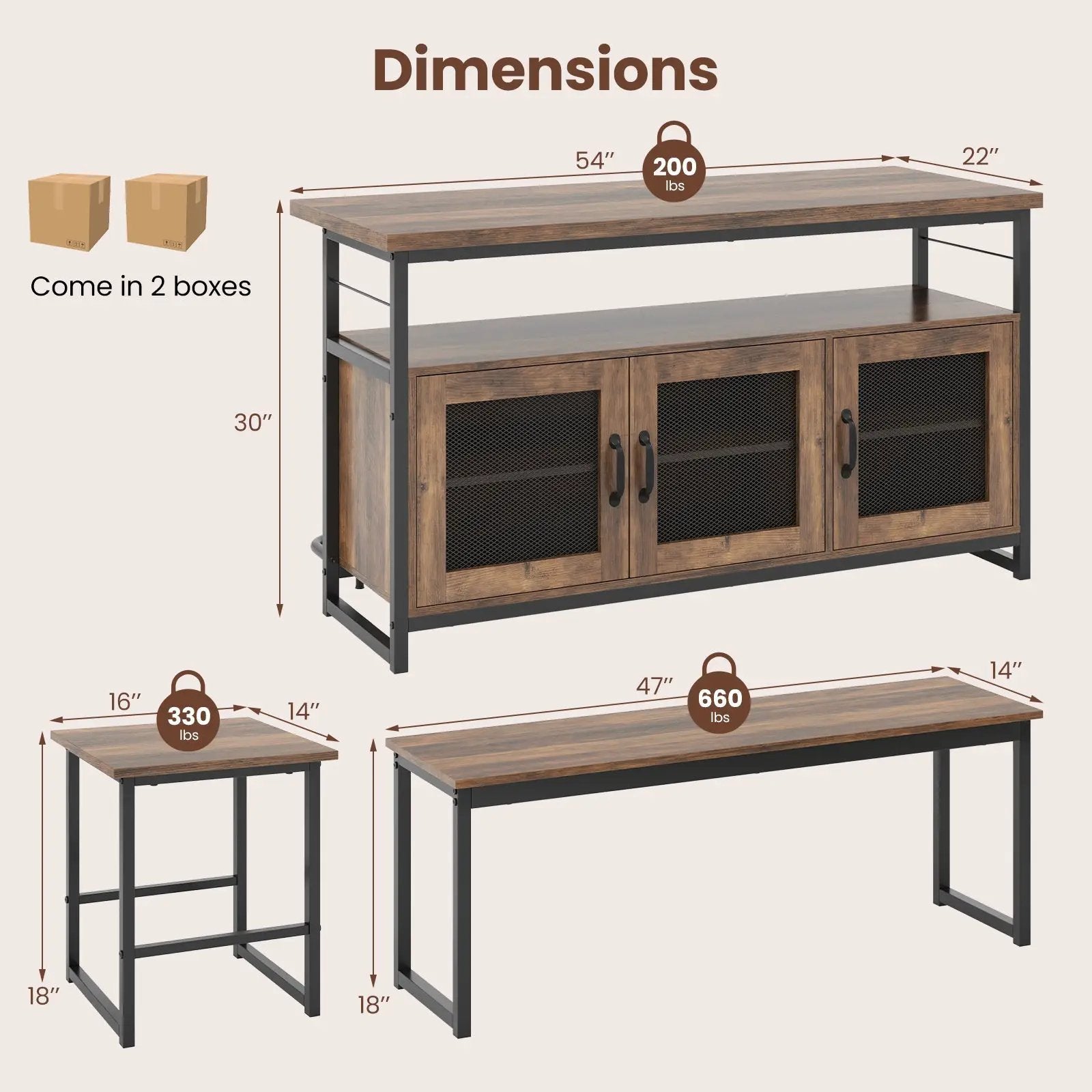 4 Piece Kitchen Island Set with Bench and Storage-Brown by DirectDeals