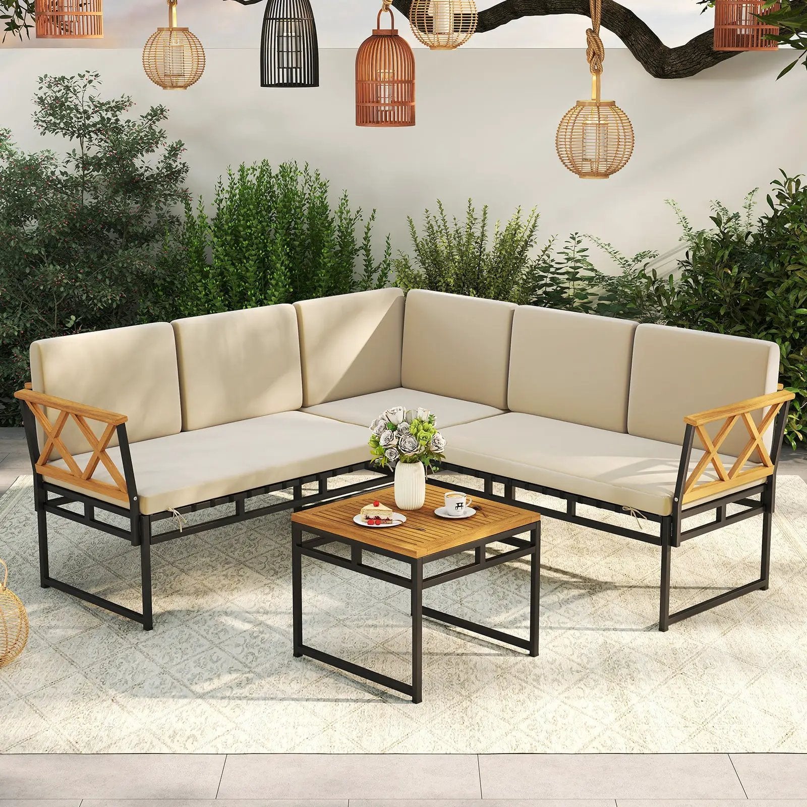 4 Pieces Patio L-Shaped Sofa Set with Cushions and Side Table-Brown by DirectDeals