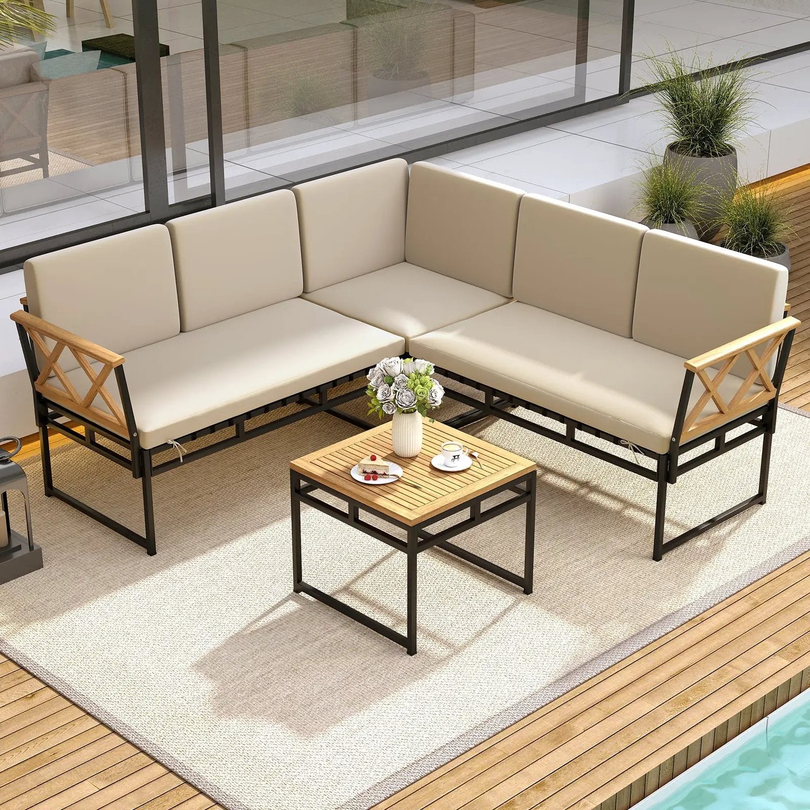 4 Pieces Patio L-Shaped Sofa Set with Cushions and Side Table-Brown by DirectDeals