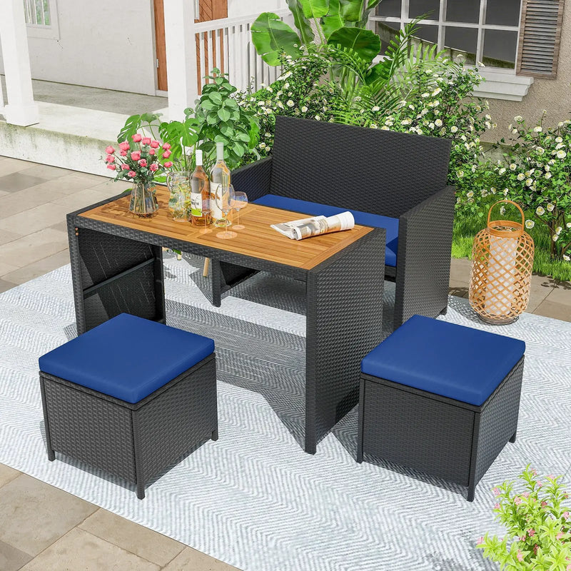 4 Piece Outdoor Dining Set with Wood Topped Dining Table Rattan Loveseat Chair and 2 Ottomans-Navy by DirectDeals