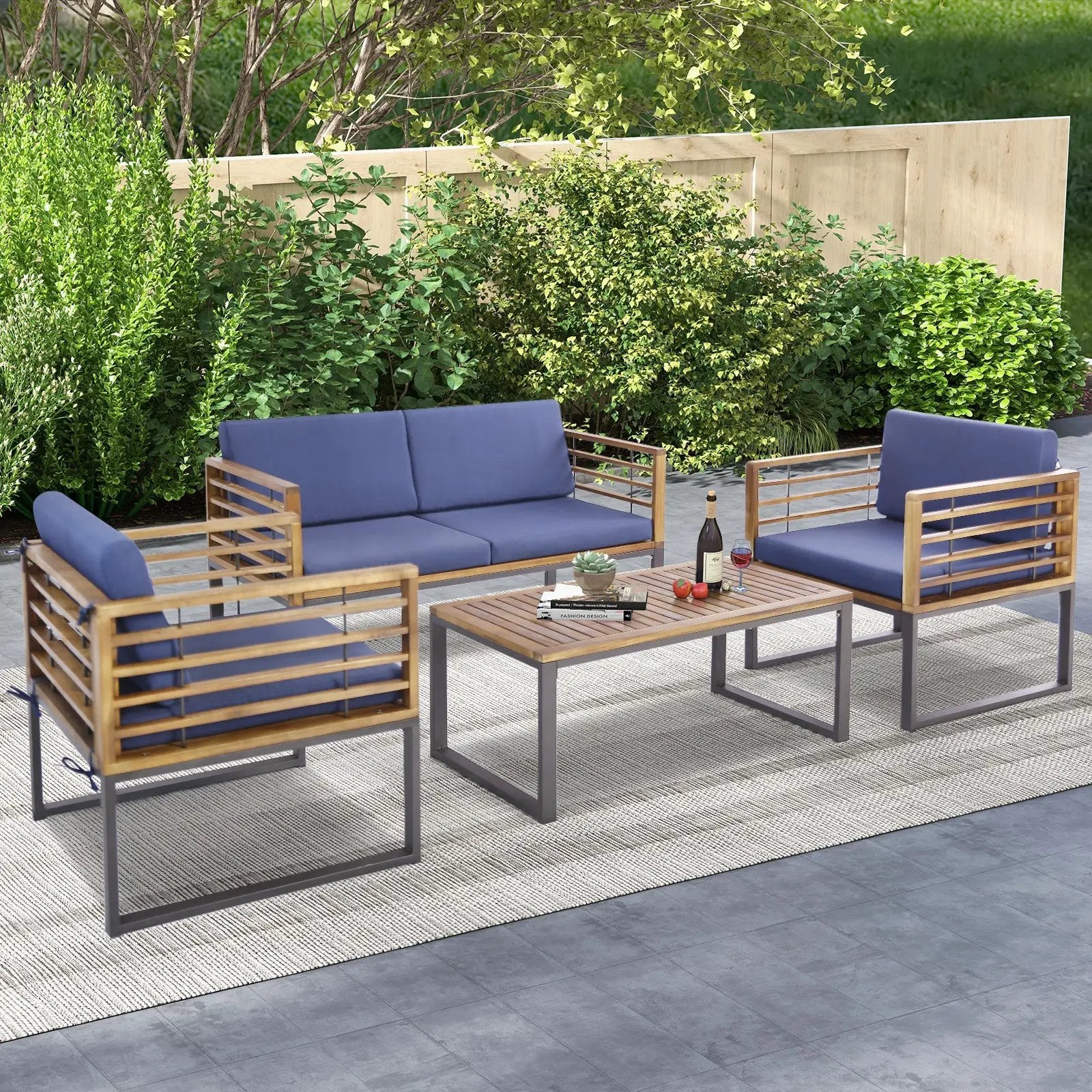 4 Piece Patio Acacia Wood Conversation Set with Soft Seat-Navy by DirectDeals