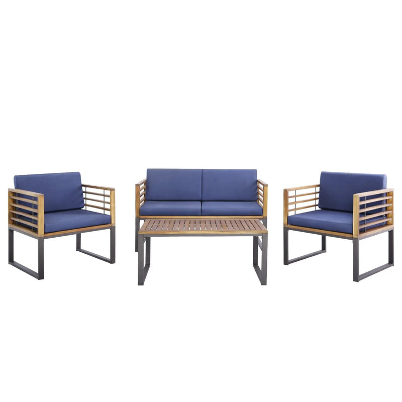 4 Piece Patio Acacia Wood Conversation Set with Soft Seat-Navy by DirectDeals