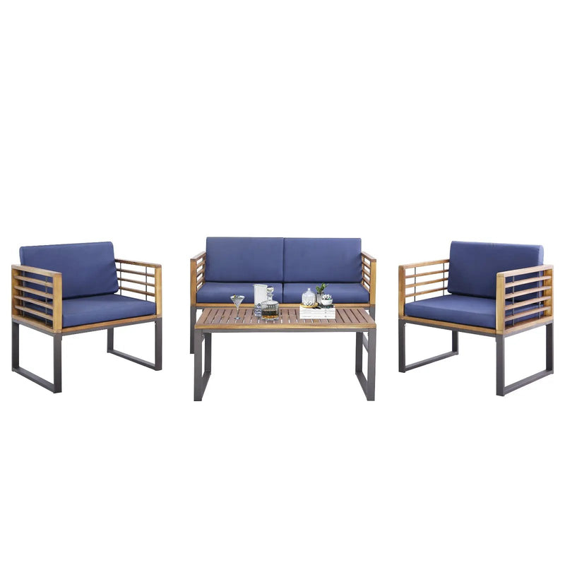4 Piece Patio Acacia Wood Conversation Set with Soft Seat-Navy by DirectDeals