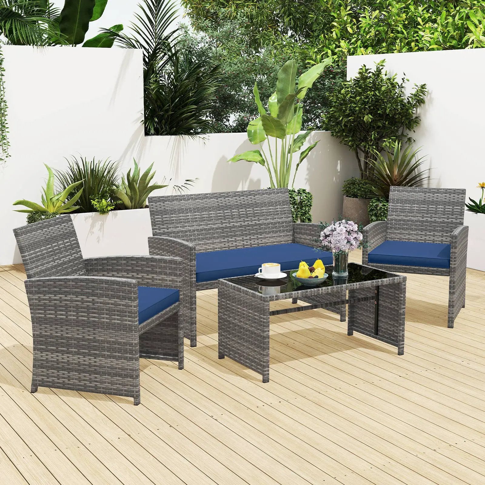 4 Piece Patio Conversation Set Rattan Chair Loveseat and Table Set by DirectDeals