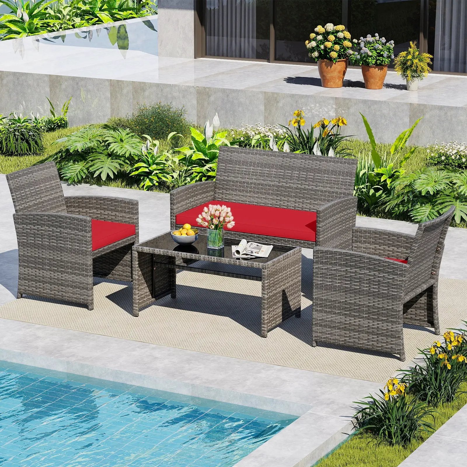 4 Piece Patio Conversation Set Rattan Chair Loveseat and Table Set by DirectDeals