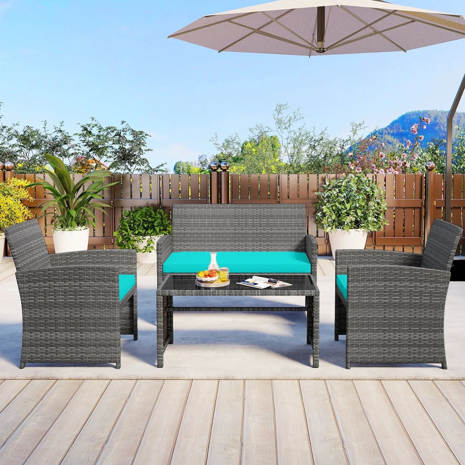 4 Piece Patio Conversation Set Rattan Chair Loveseat and Table Set by DirectDeals