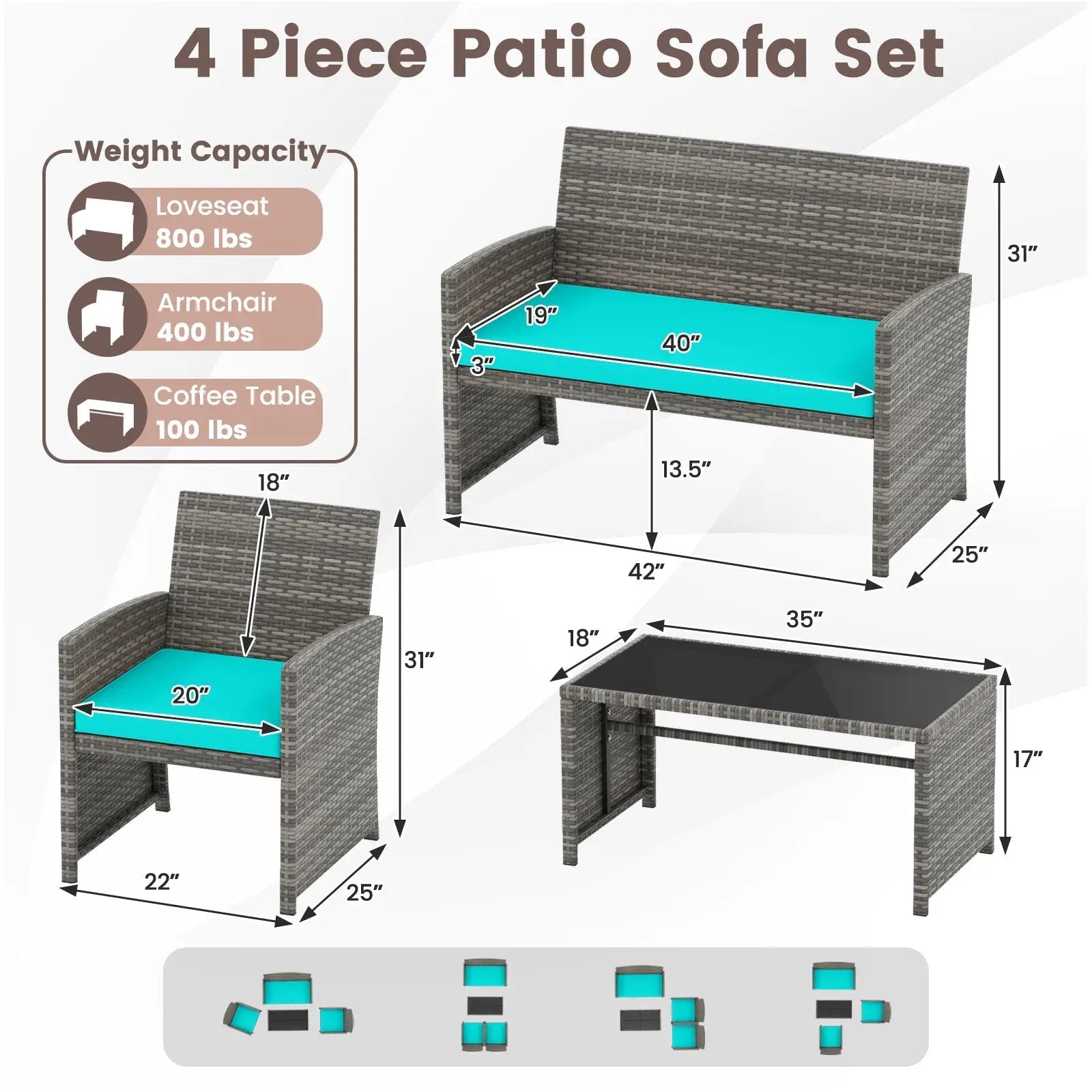 4 Piece Patio Conversation Set Rattan Chair Loveseat and Table Set by DirectDeals