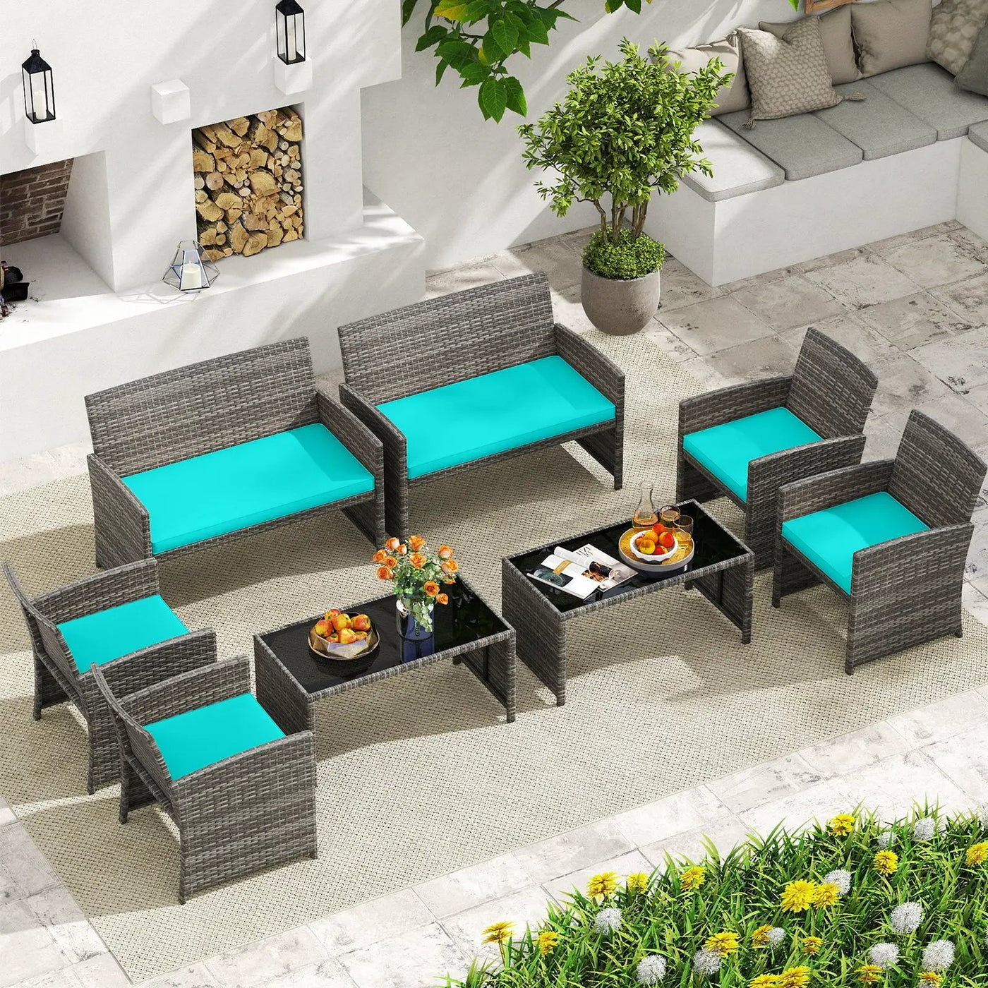 4 Piece Patio Conversation Set Rattan Chair Loveseat and Table Set by DirectDeals