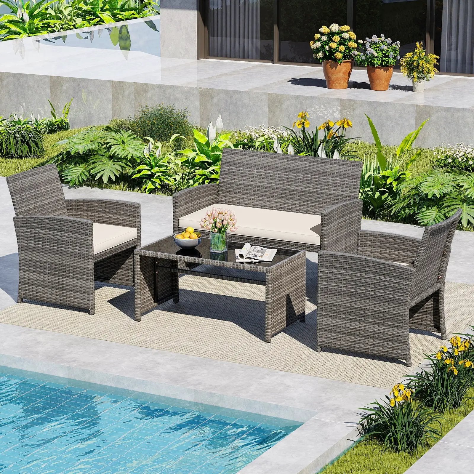 4 Piece Patio Conversation Set Rattan Chair Loveseat and Table Set by DirectDeals
