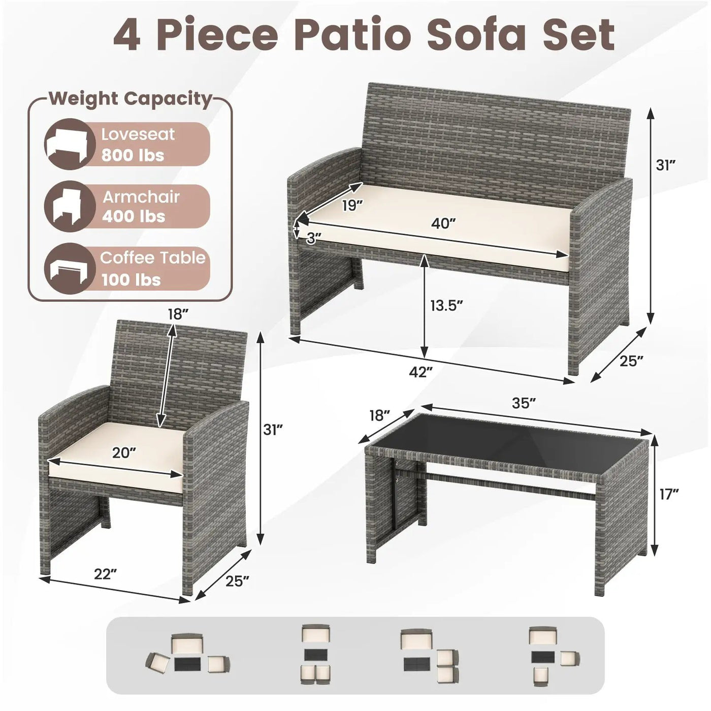 4 Piece Patio Conversation Set Rattan Chair Loveseat and Table Set by DirectDeals