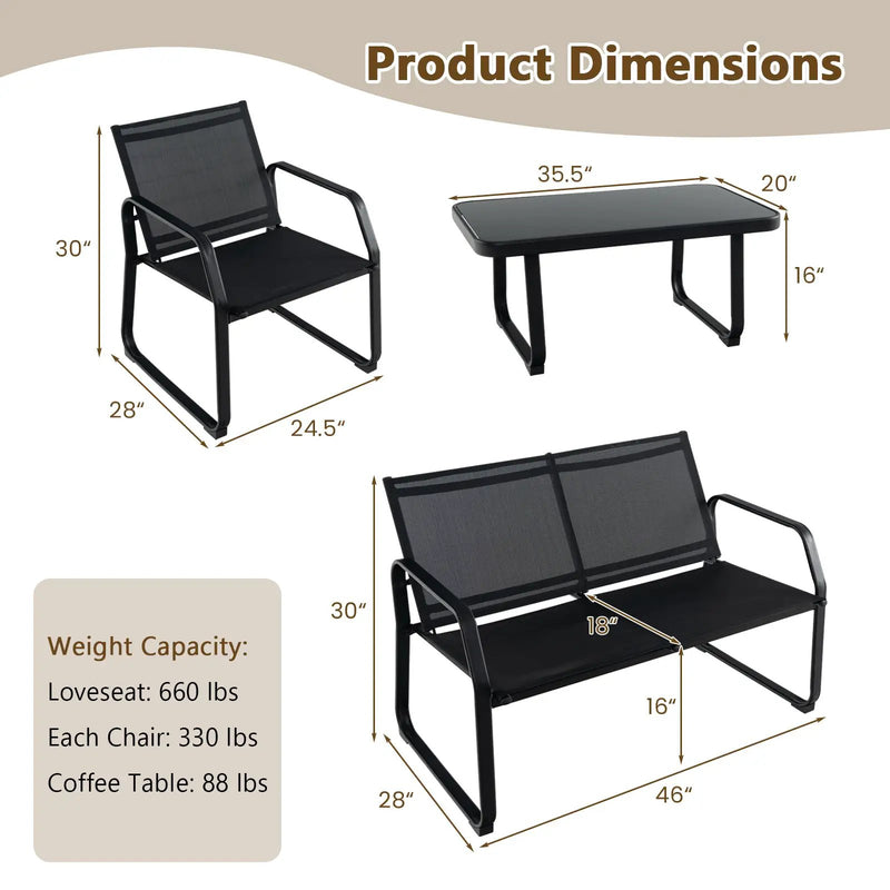 4 Pieces Patio Conversation Set with Breathable Fabric Seat and Tempered Glass Tabletop-Black by DirectDeals