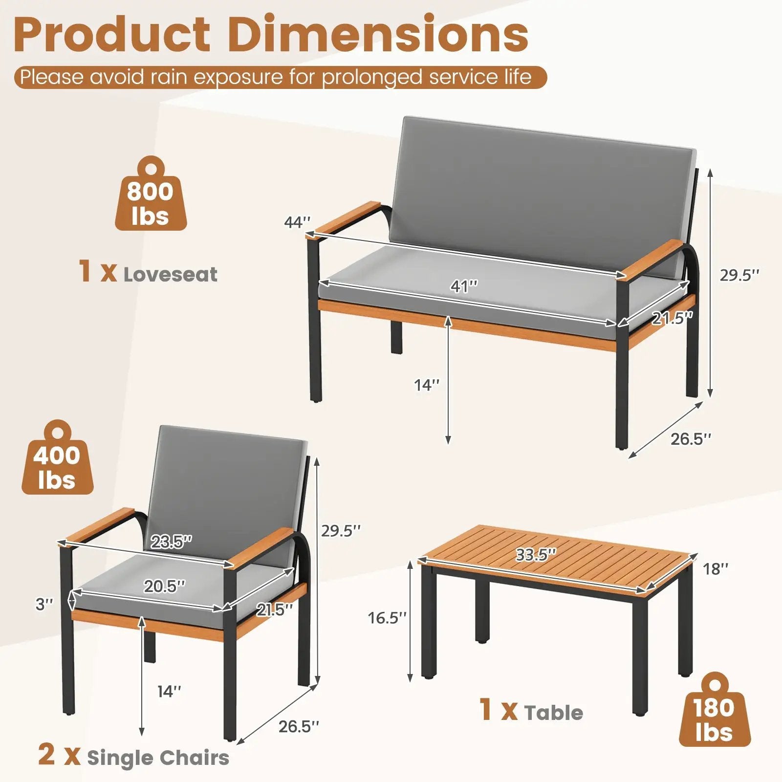 4 Piece Patio Furniture Set with Coffee Table and Loveseat with Removable Cushions-Gray by DirectDeals