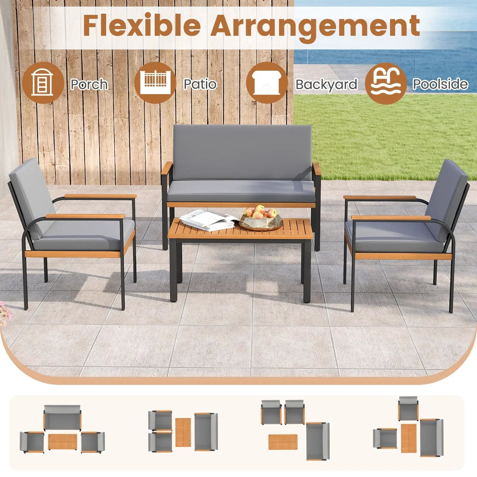 4 Piece Patio Furniture Set with Coffee Table and Loveseat with Removable Cushions-Gray by DirectDeals