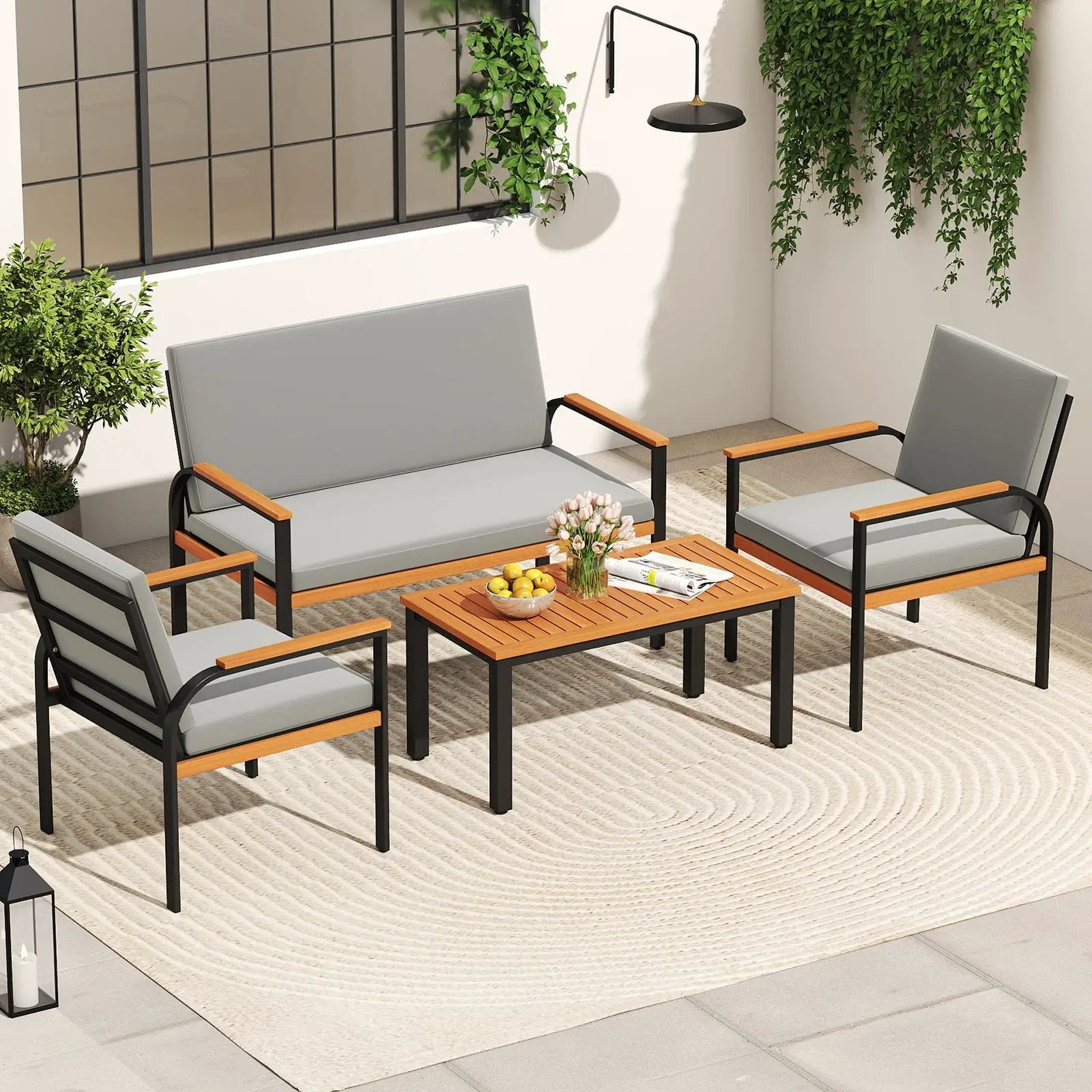 4 Piece Patio Furniture Set with Coffee Table and Loveseat with Removable Cushions-Gray by DirectDeals