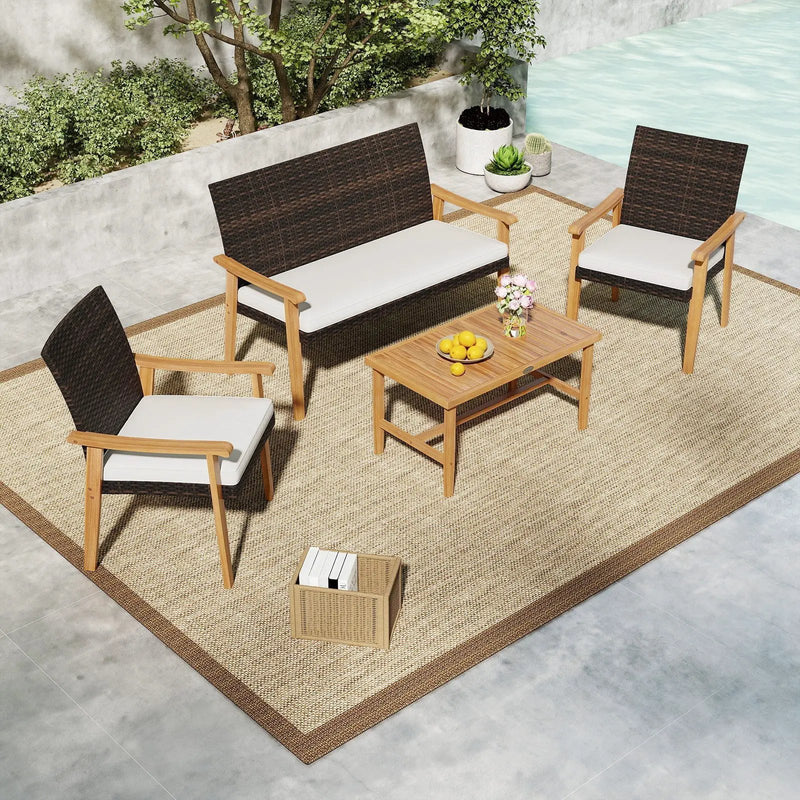 4 Piece Patio Furniture Set PE Rattan Porch Chairs with Acacia Wood Coffee Table and Soft Cushions-White by DirectDeals