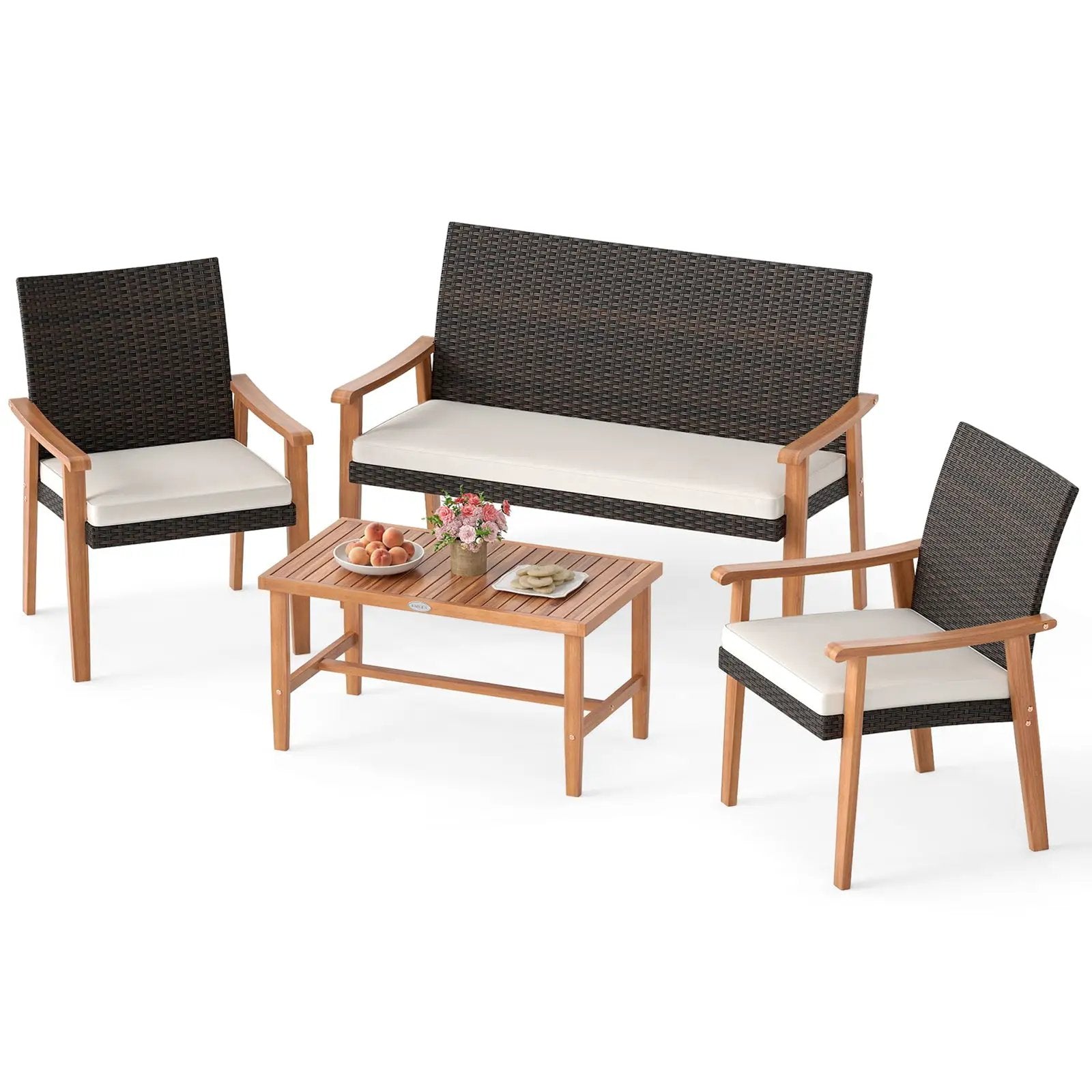4 Piece Patio Furniture Set PE Rattan Porch Chairs with Acacia Wood Coffee Table and Soft Cushions-White by DirectDeals