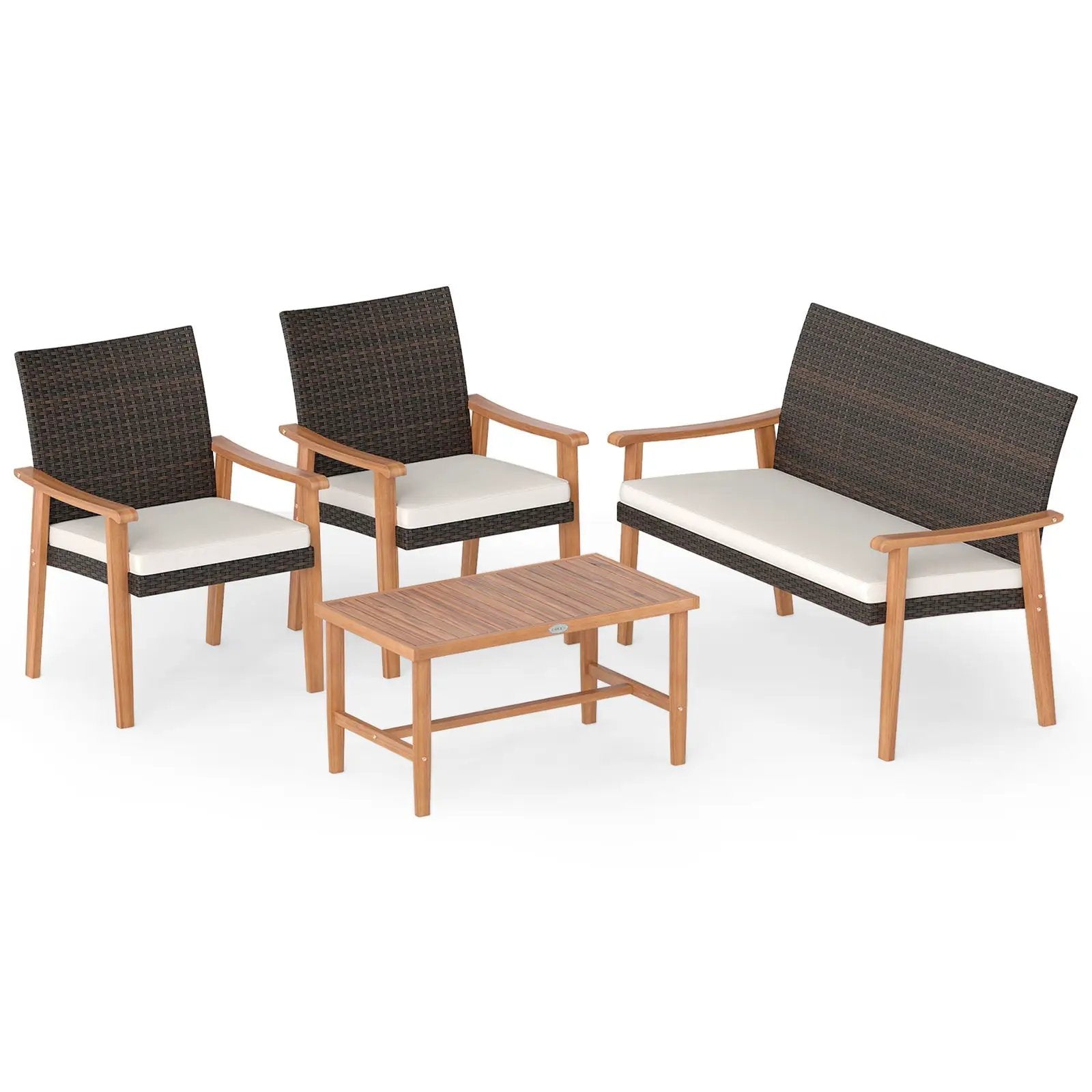 4 Piece Patio Furniture Set PE Rattan Porch Chairs with Acacia Wood Coffee Table and Soft Cushions-White by DirectDeals