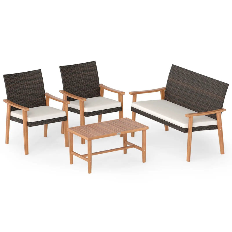 4 Piece Patio Furniture Set PE Rattan Porch Chairs with Acacia Wood Coffee Table and Soft Cushions-White by DirectDeals