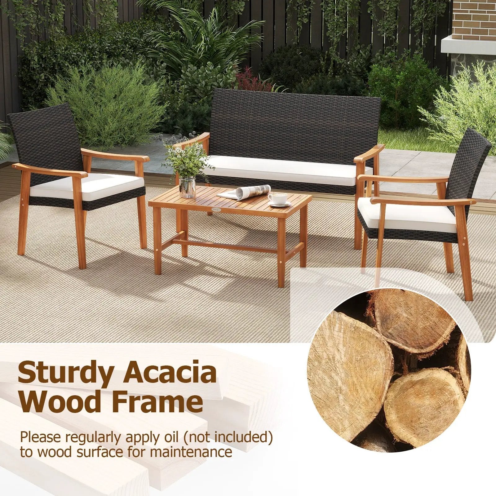 4 Piece Patio Furniture Set PE Rattan Porch Chairs with Acacia Wood Coffee Table and Soft Cushions-White by DirectDeals