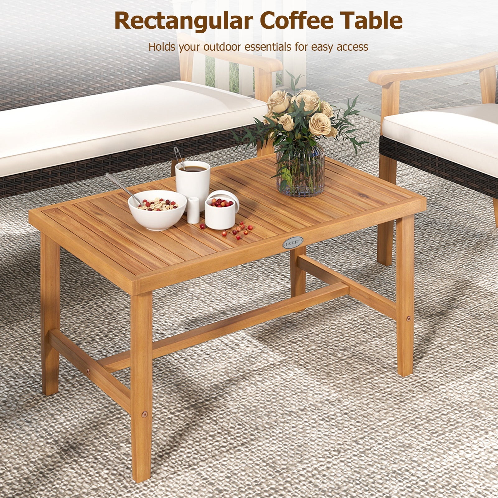 4 Piece Patio Furniture Set PE Rattan Porch Chairs with Acacia Wood Coffee Table and Soft Cushions-White by DirectDeals