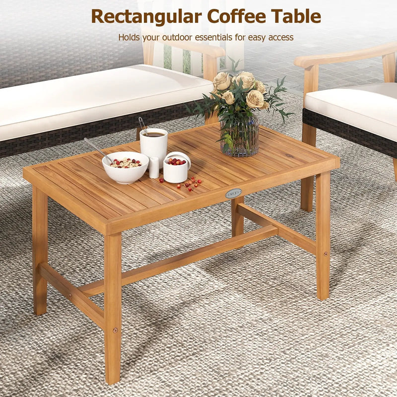 4 Piece Patio Furniture Set PE Rattan Porch Chairs with Acacia Wood Coffee Table and Soft Cushions-White by DirectDeals