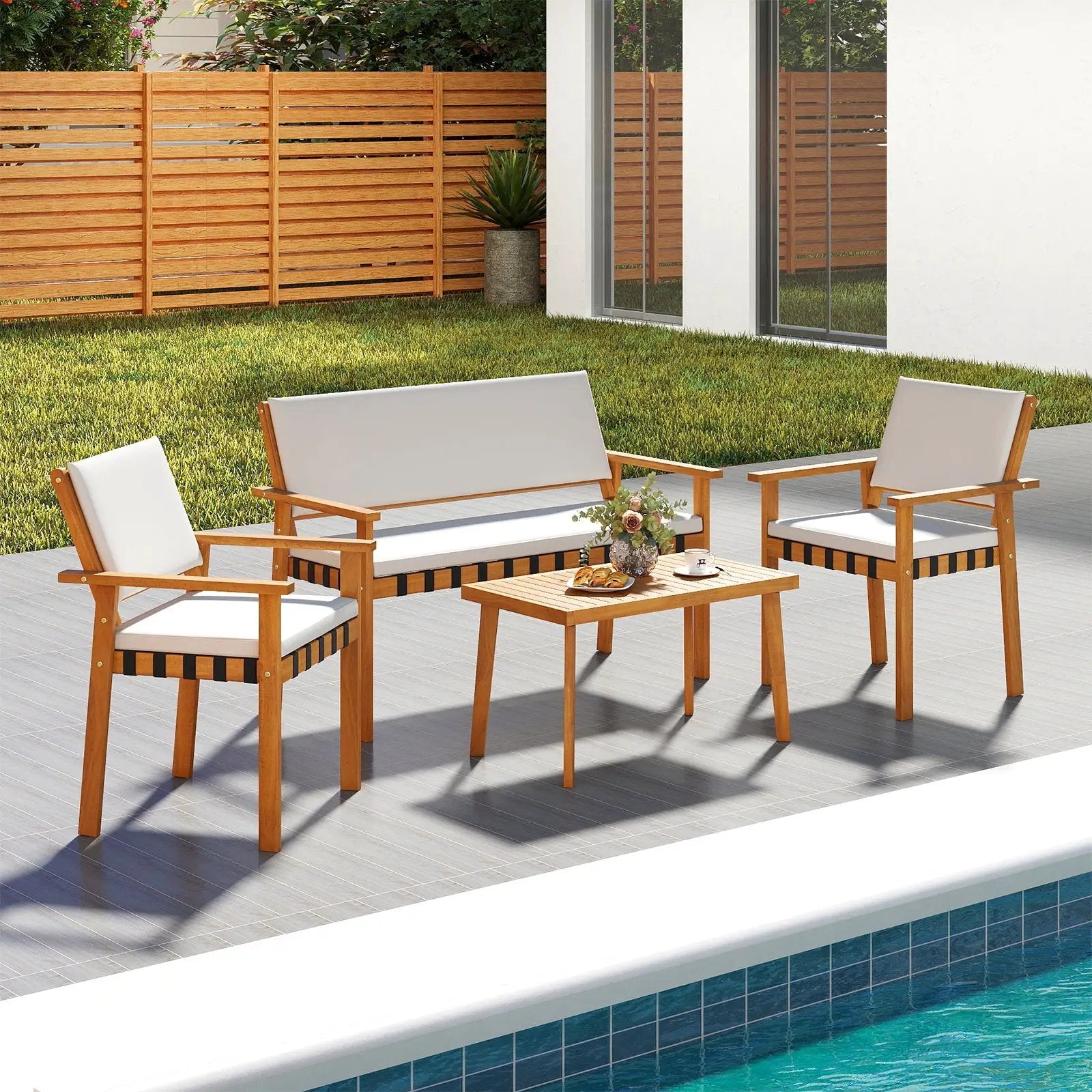 4 Piece Patio Furniture Set with Coffee Table for Backyard and Garden-White by DirectDeals