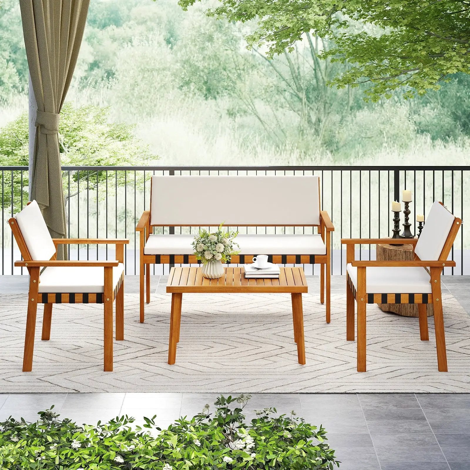 4 Piece Patio Furniture Set with Coffee Table for Backyard and Garden-White by DirectDeals