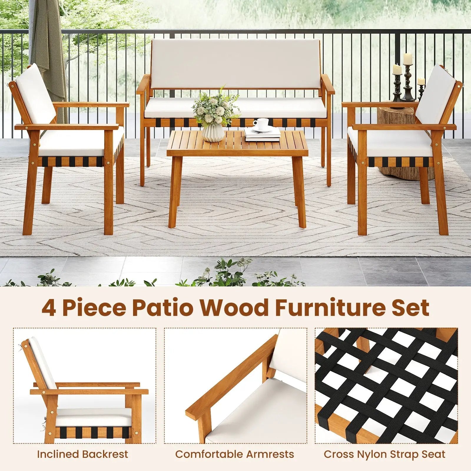 4 Piece Patio Furniture Set with Coffee Table for Backyard and Garden-White by DirectDeals