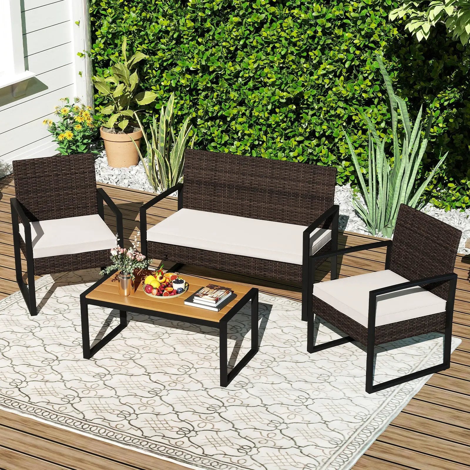 4 Piece Patio Furniture Set Outdoor Rattan Conversation Set with Cushioned Chairs and Wood Plastic Coffee Table-Off White by DirectDeals