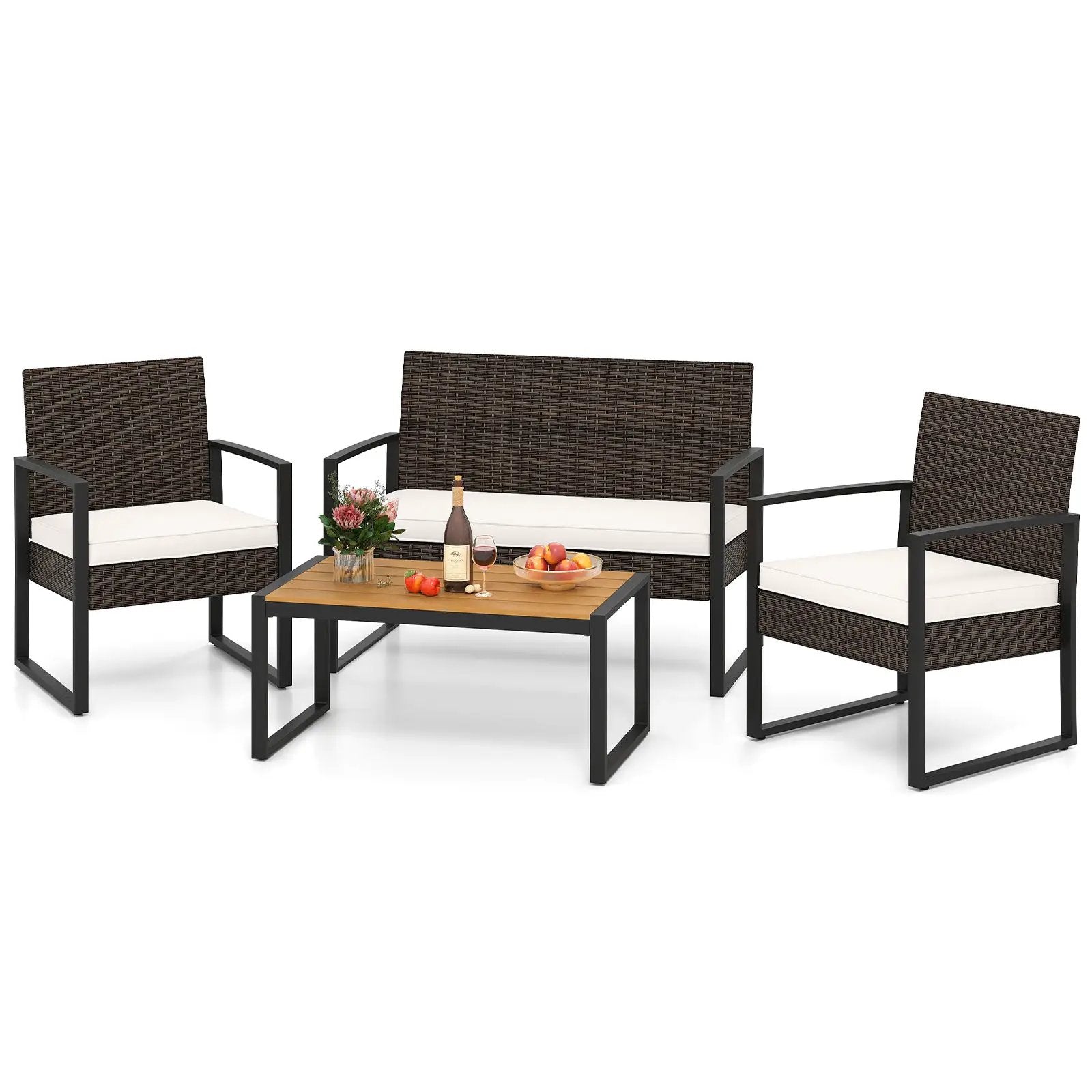 4 Piece Patio Furniture Set Outdoor Rattan Conversation Set with Cushioned Chairs and Wood Plastic Coffee Table-Off White by DirectDeals