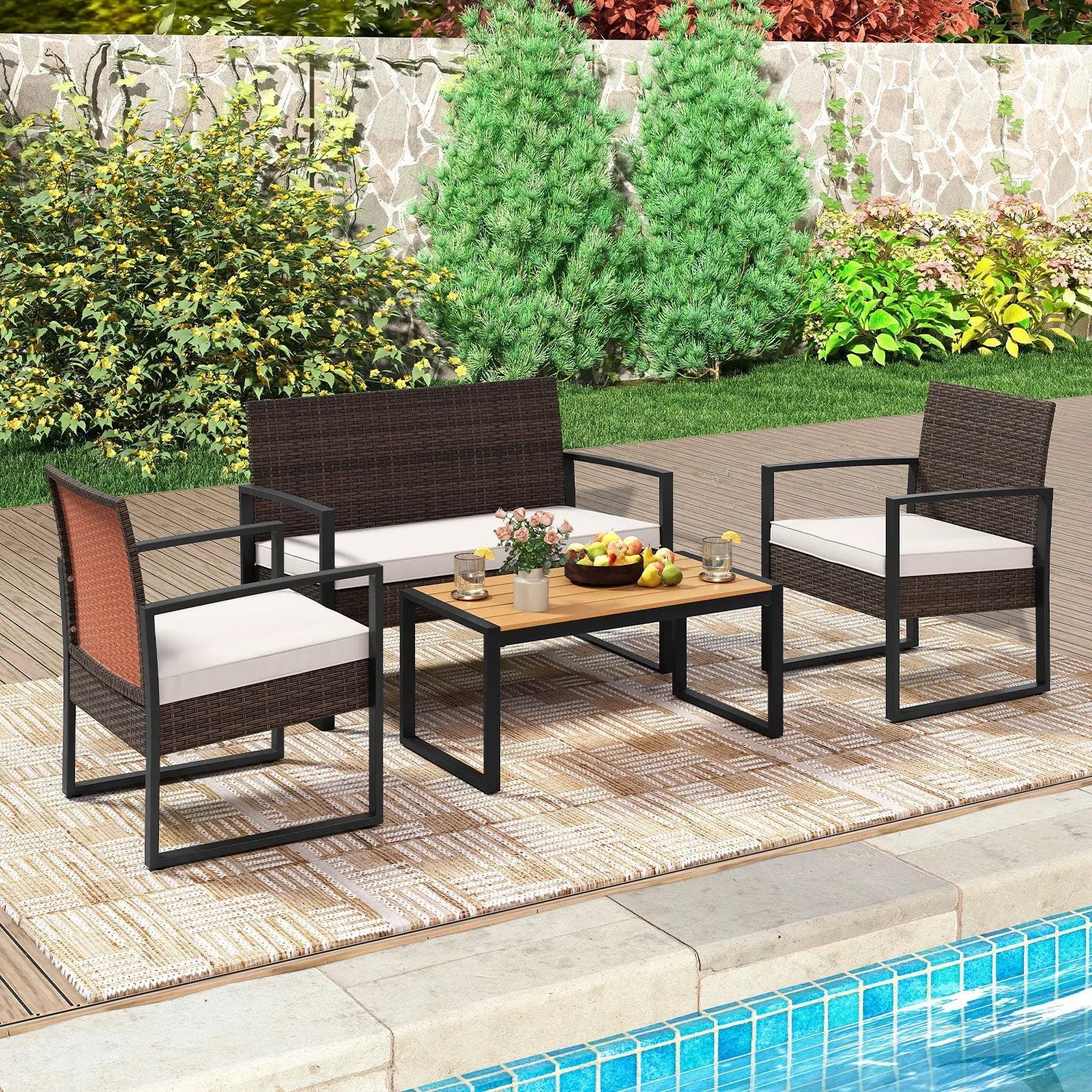 4 Piece Patio Furniture Set Outdoor Rattan Conversation Set with Cushioned Chairs and Wood Plastic Coffee Table-Off White by DirectDeals