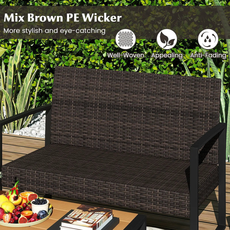 4 Piece Patio Furniture Set Outdoor Rattan Conversation Set with Cushioned Chairs and Wood Plastic Coffee Table-Off White by DirectDeals
