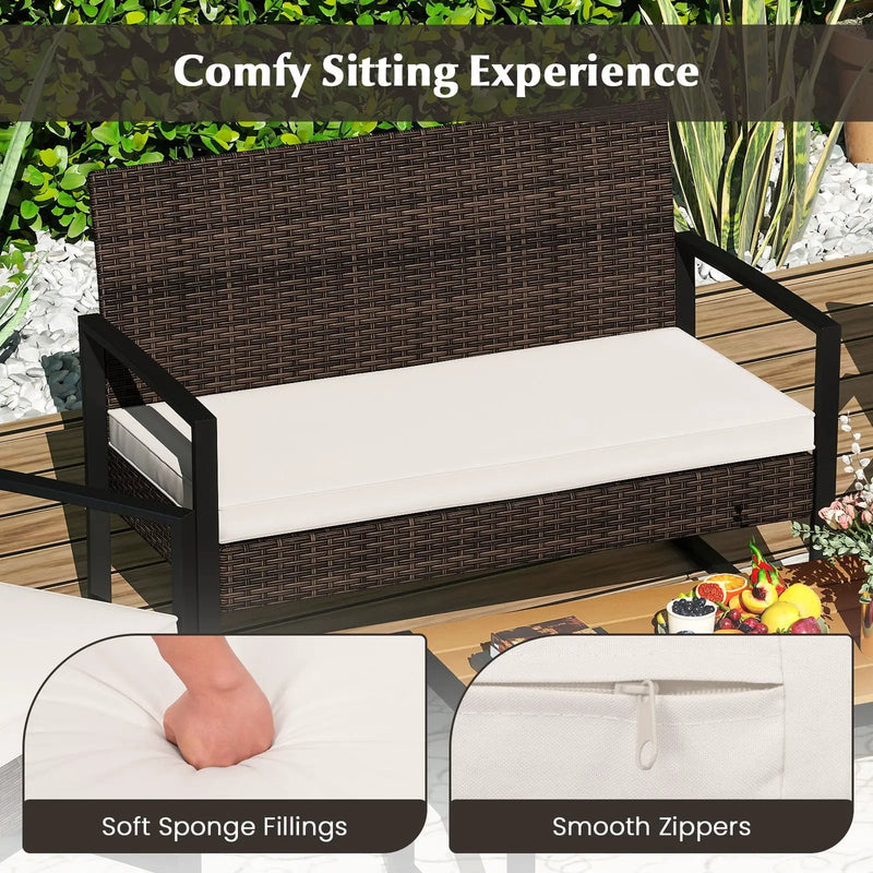 4 Piece Patio Furniture Set Outdoor Rattan Conversation Set with Cushioned Chairs and Wood Plastic Coffee Table-Off White by DirectDeals