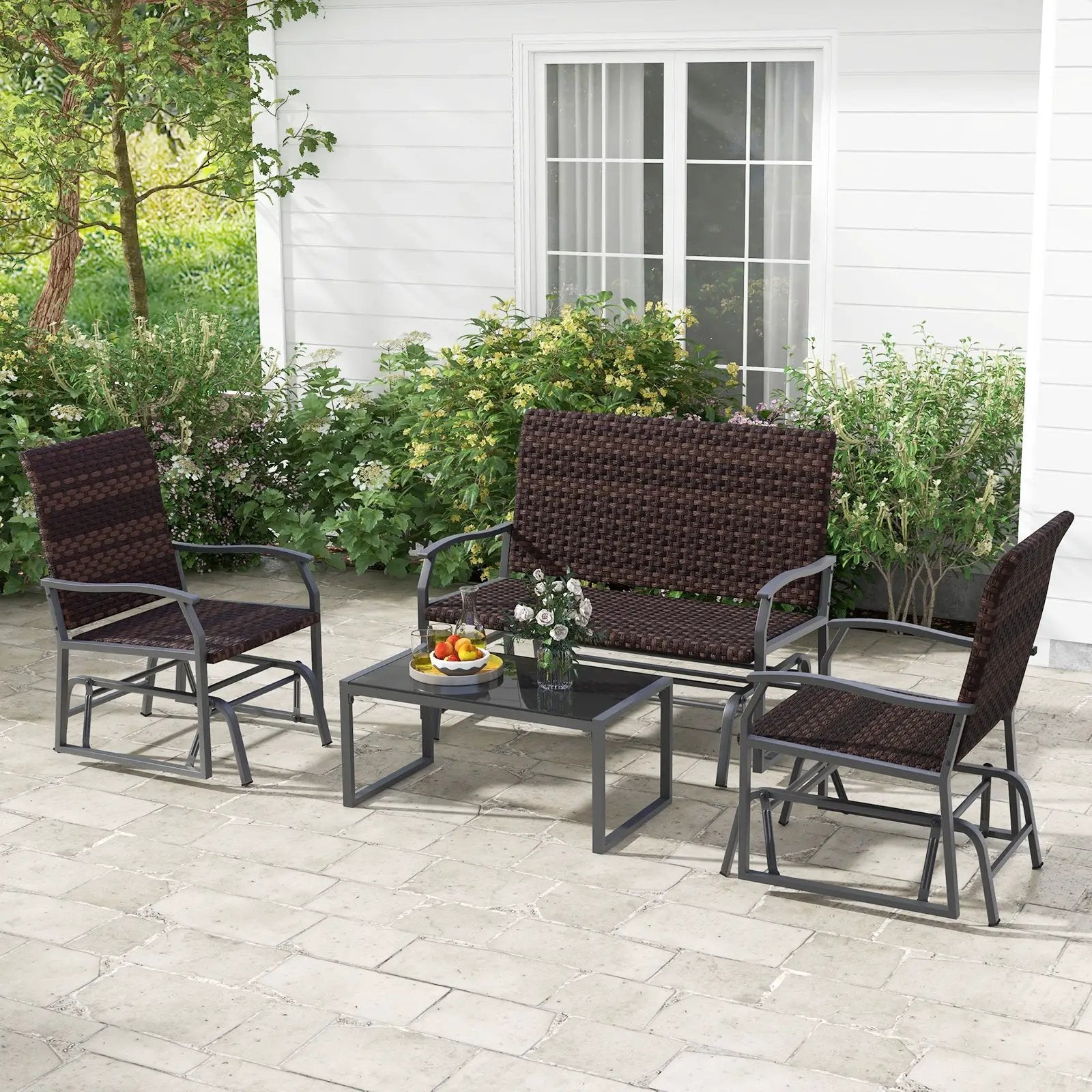 4 Piece Patio Gliding Set Wicker Swing Glider Furniture Set All Weather witrh Tempered Glass Coffee Table-Brown by DirectDeals
