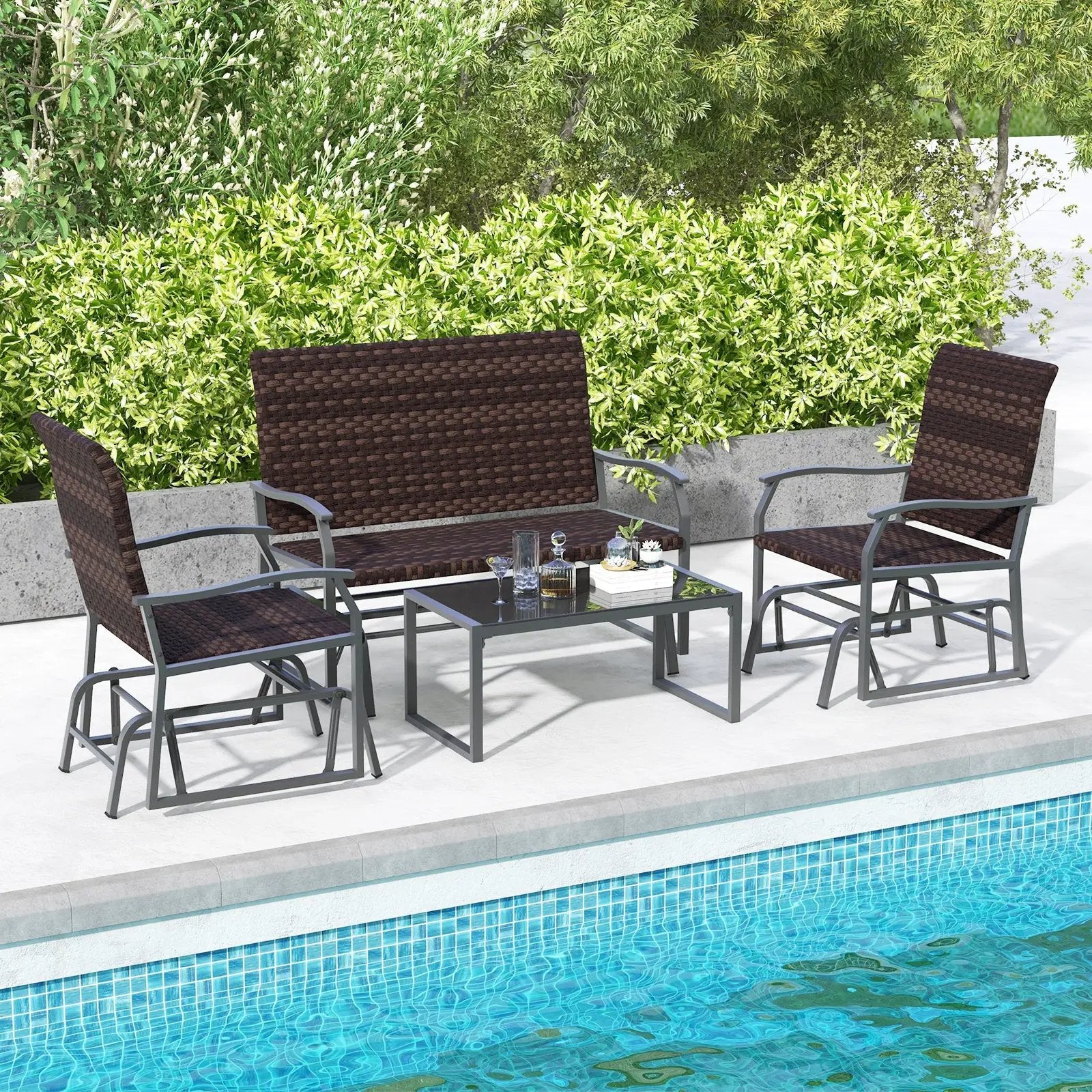 4 Piece Patio Gliding Set Wicker Swing Glider Furniture Set All Weather witrh Tempered Glass Coffee Table-Brown by DirectDeals