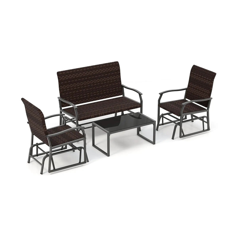 4 Piece Patio Gliding Set Wicker Swing Glider Furniture Set All Weather witrh Tempered Glass Coffee Table-Brown by DirectDeals