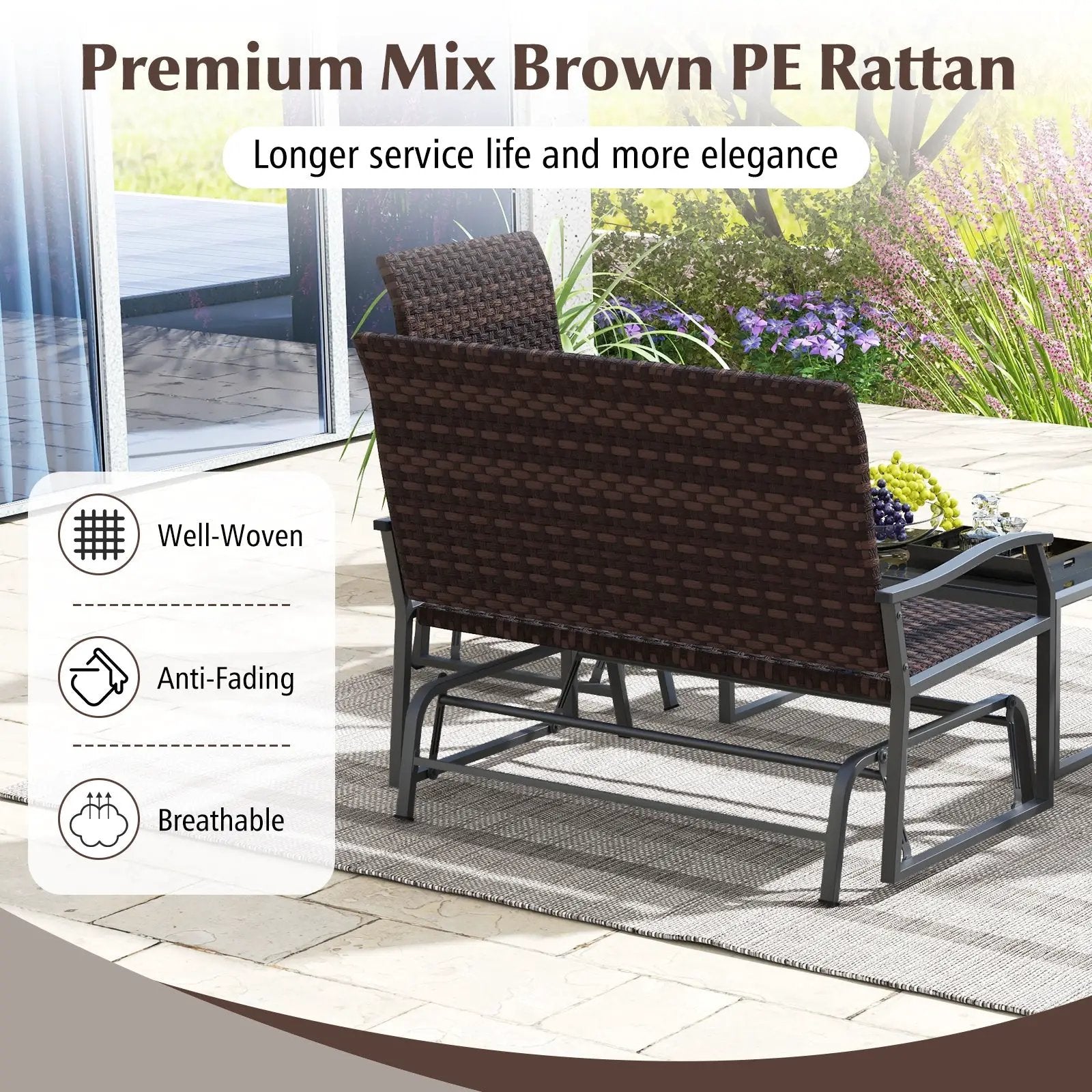 4 Piece Patio Gliding Set Wicker Swing Glider Furniture Set All Weather witrh Tempered Glass Coffee Table-Brown by DirectDeals