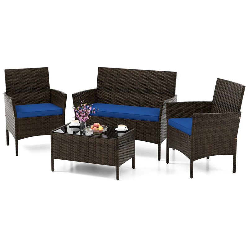 4 Piece Patio Rattan Conversation Set with Cozy Seat Cushions by DirectDeals