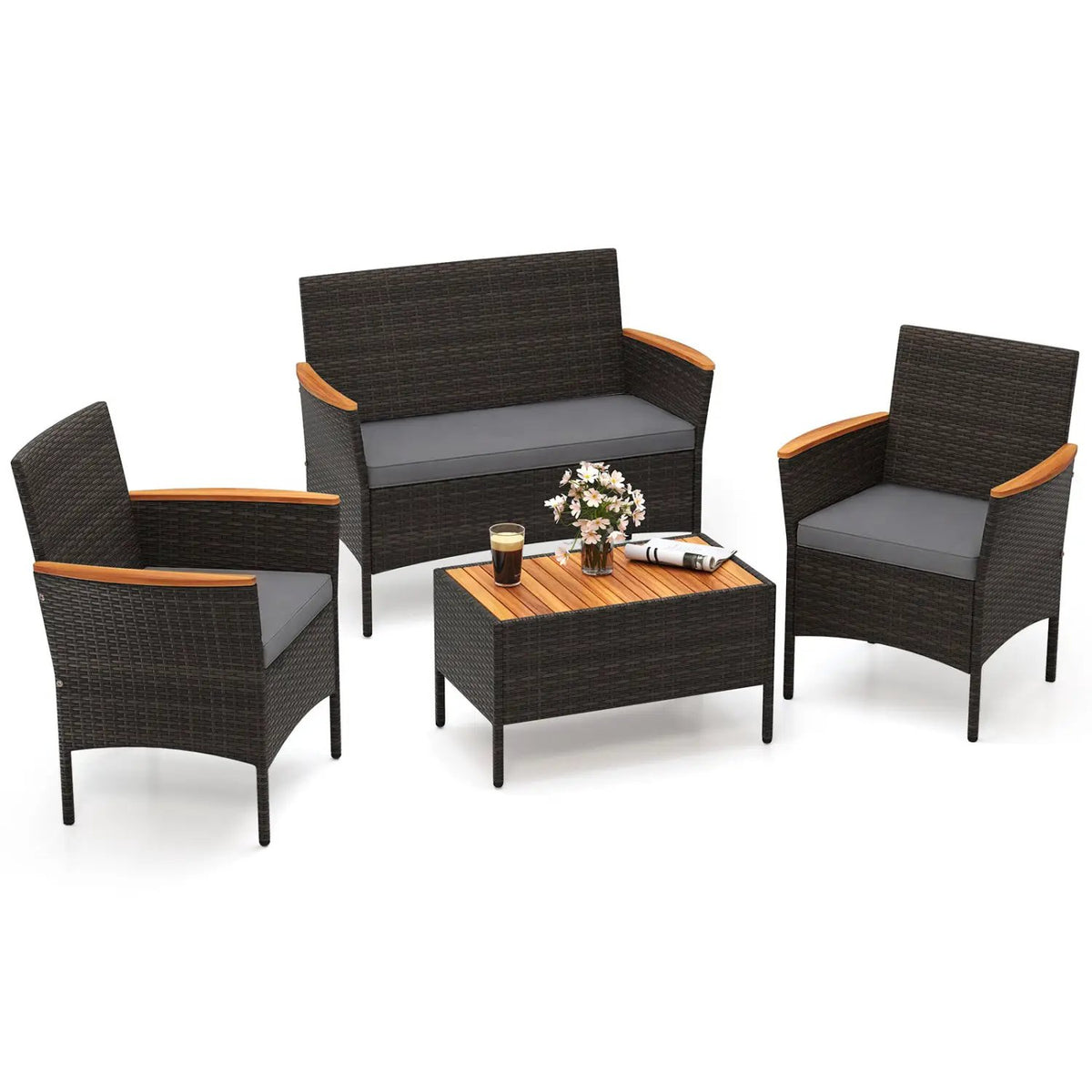 4 Piece Patio Wicker Sofa Set 2 Rattan Chairs and Loveseat with Table-Brown by DirectDeals