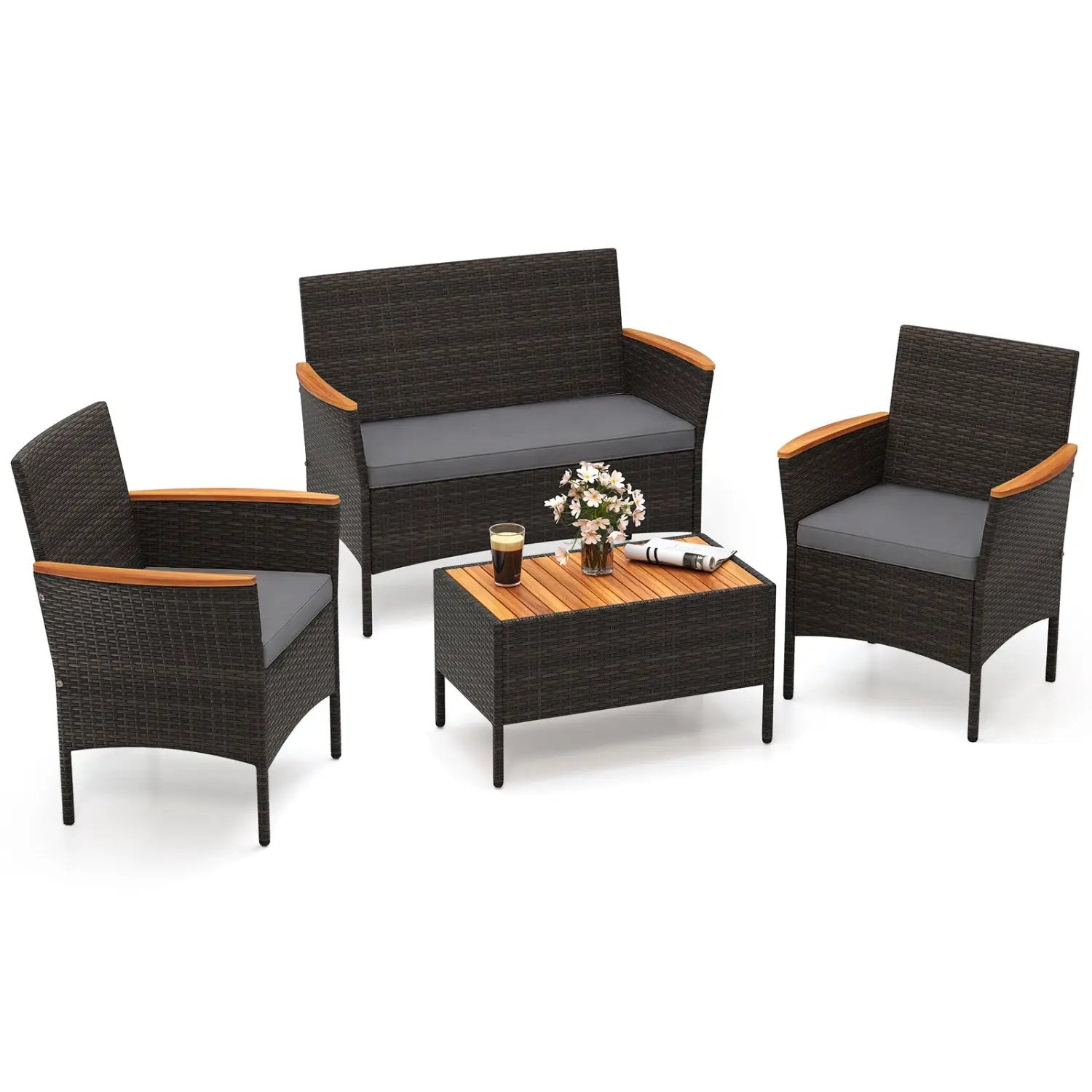4 Piece Patio Wicker Sofa Set 2 Rattan Chairs and Loveseat with Table-Brown by DirectDeals