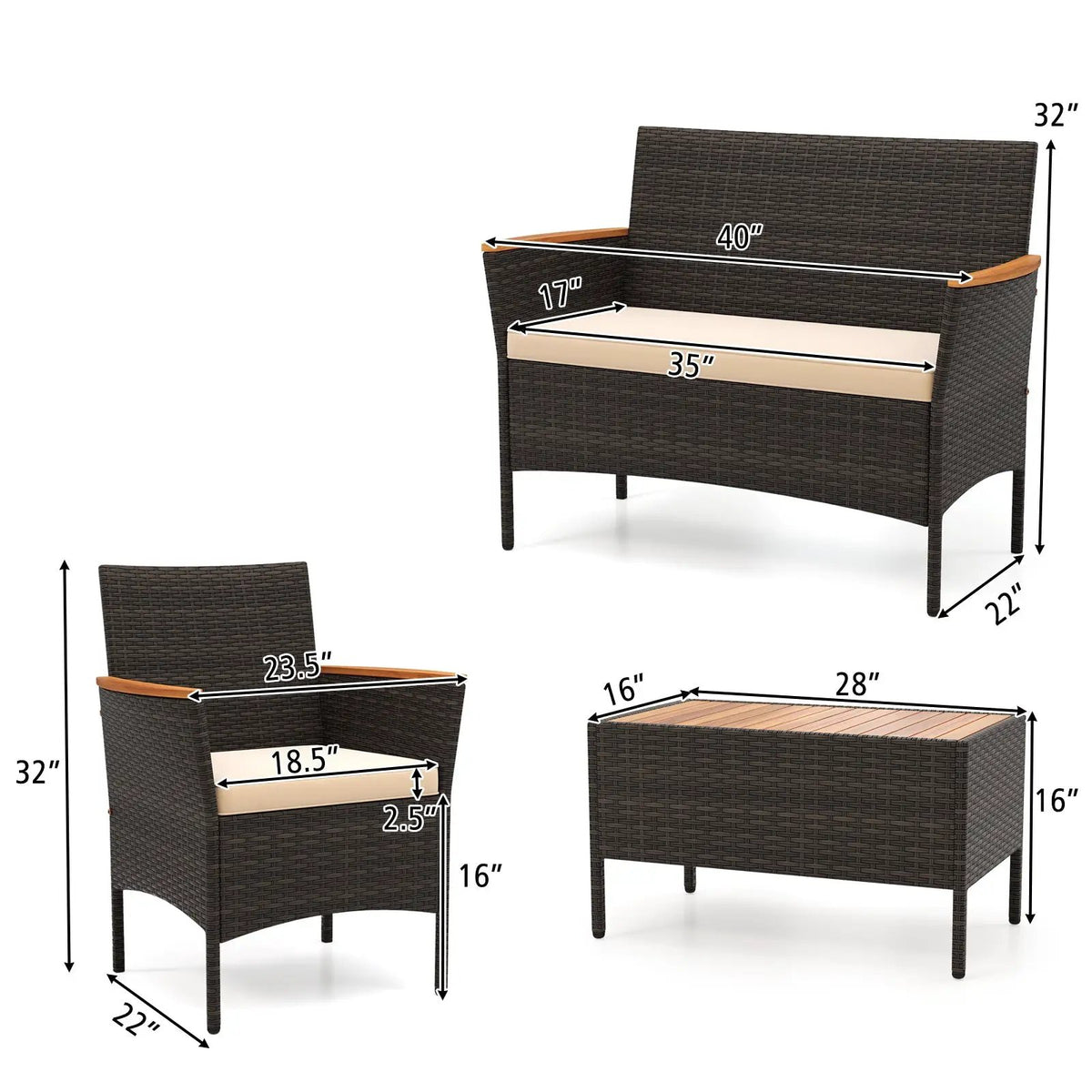 4 Piece Patio Wicker Sofa Set 2 Rattan Chairs and Loveseat with Table-Brown by DirectDeals