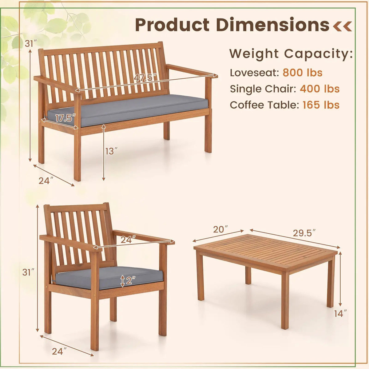 4 Piece Patio Wood Furniture Set Acacia Wood Sofa Set with Loveseat by DirectDeals