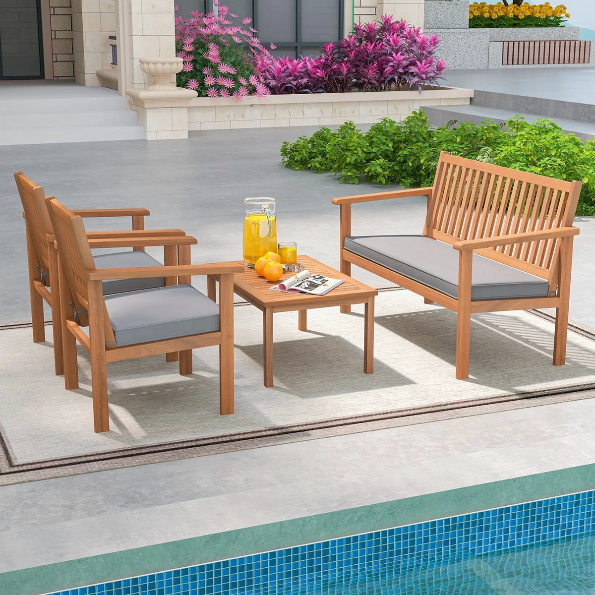 4 Piece Patio Wood Furniture Set Acacia Wood Sofa Set with Loveseat by DirectDeals