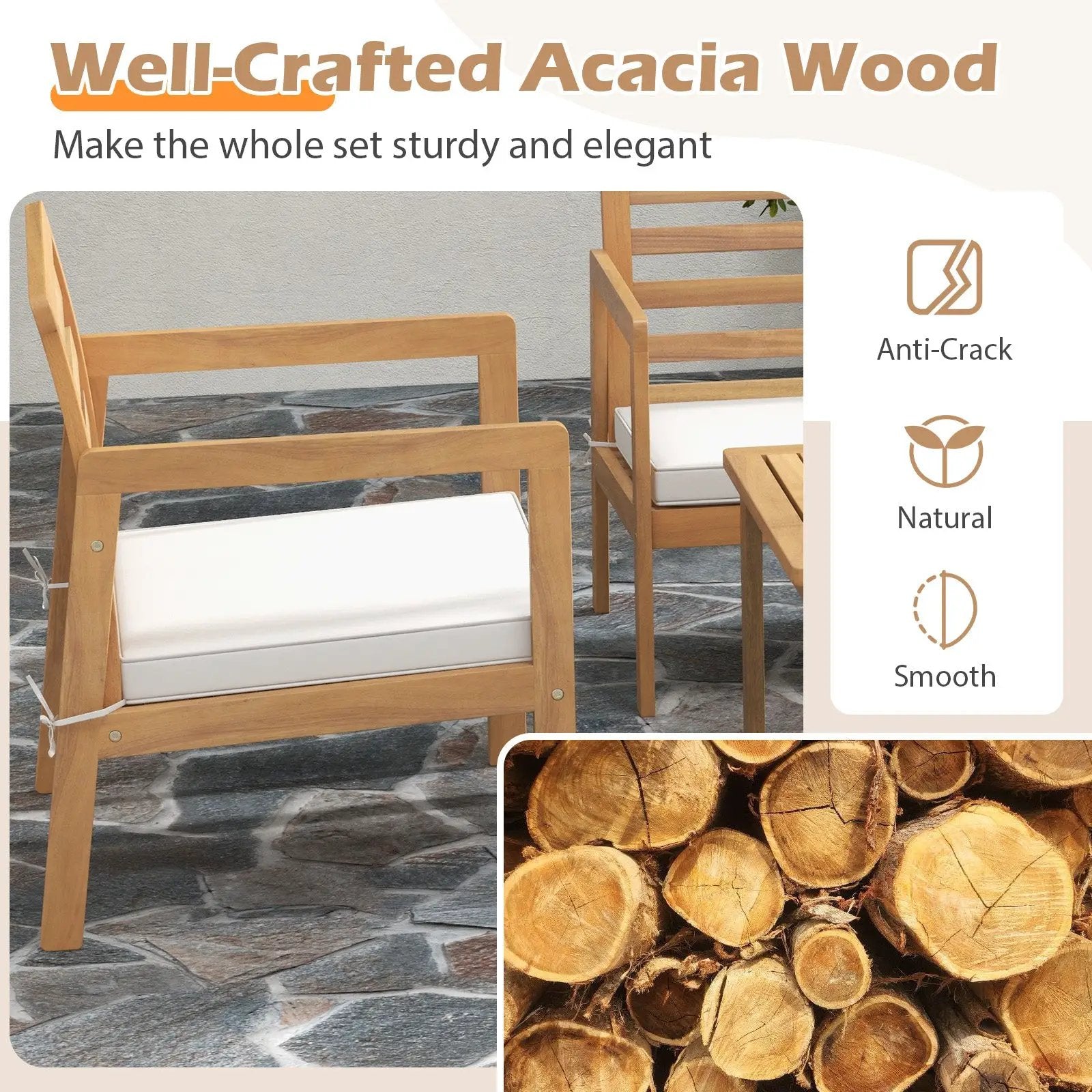 4 Piece Wood Patio Conversation Set with 2 Armchairs and Coffee Table-White by DirectDeals
