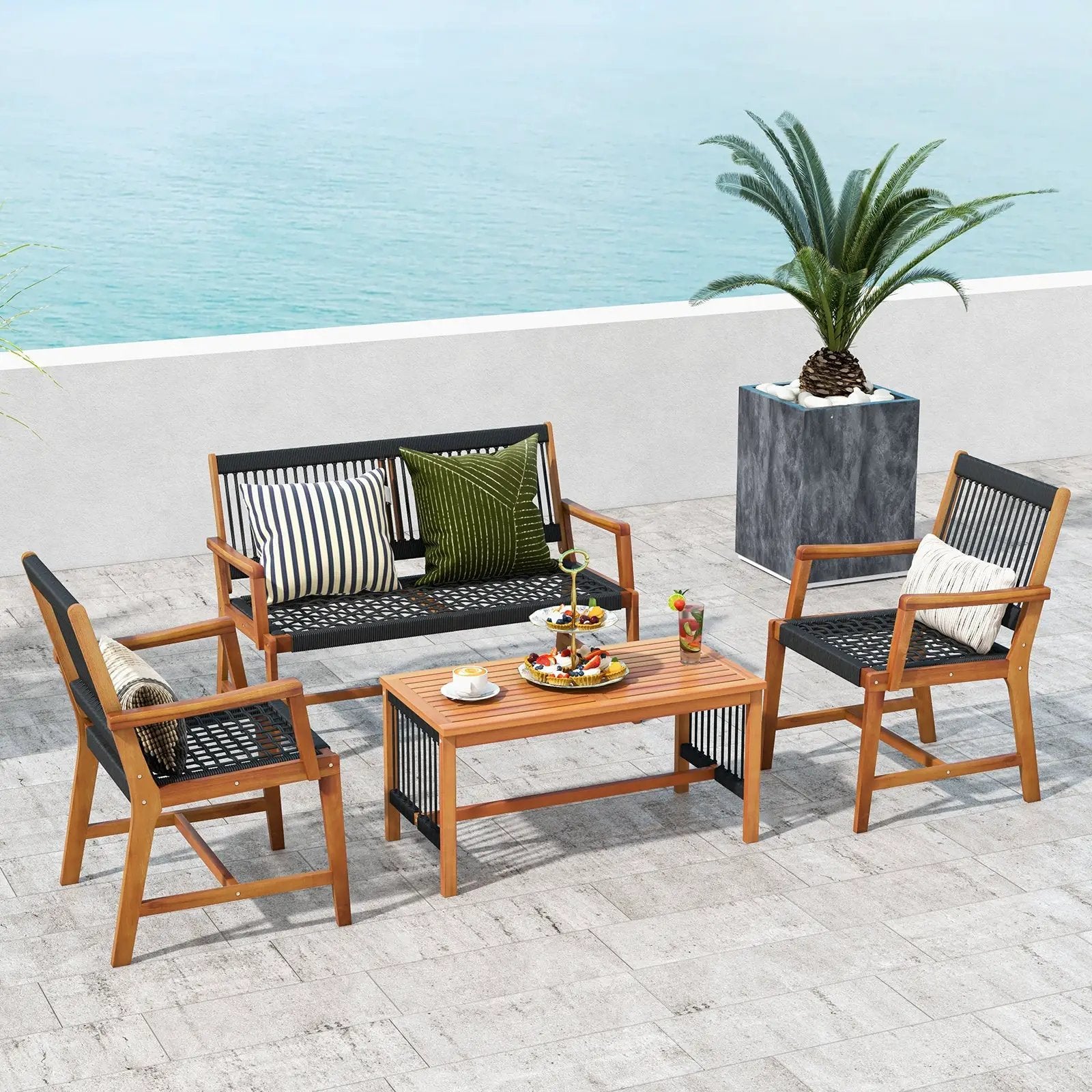 4 Pieces Acacia Wood Patio Conversation Table and Chair Set with Hand Woven Rope by DirectDeals