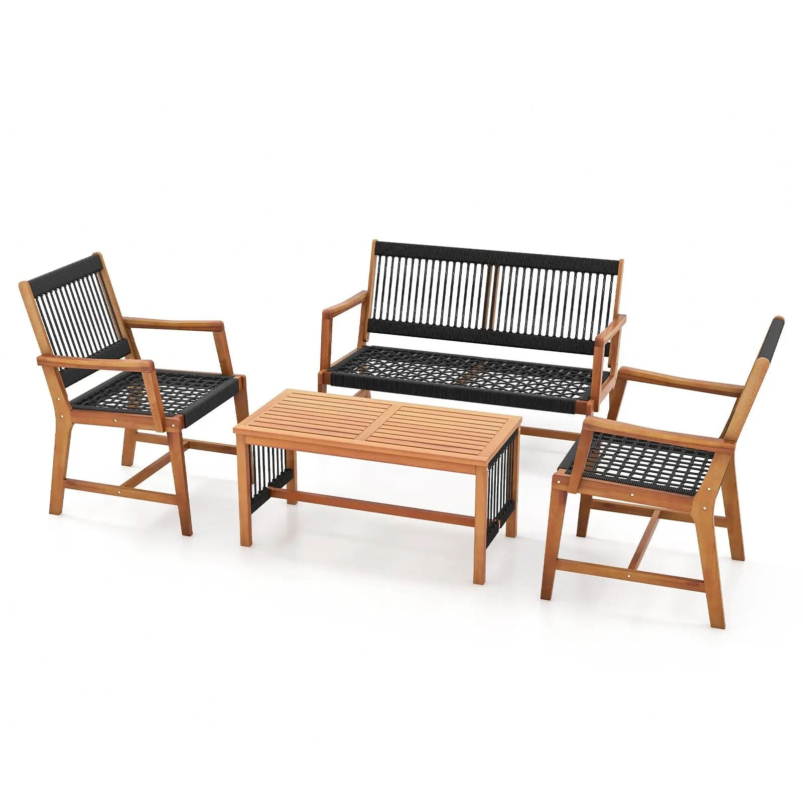 4 Pieces Acacia Wood Patio Conversation Table and Chair Set with Hand Woven Rope by DirectDeals