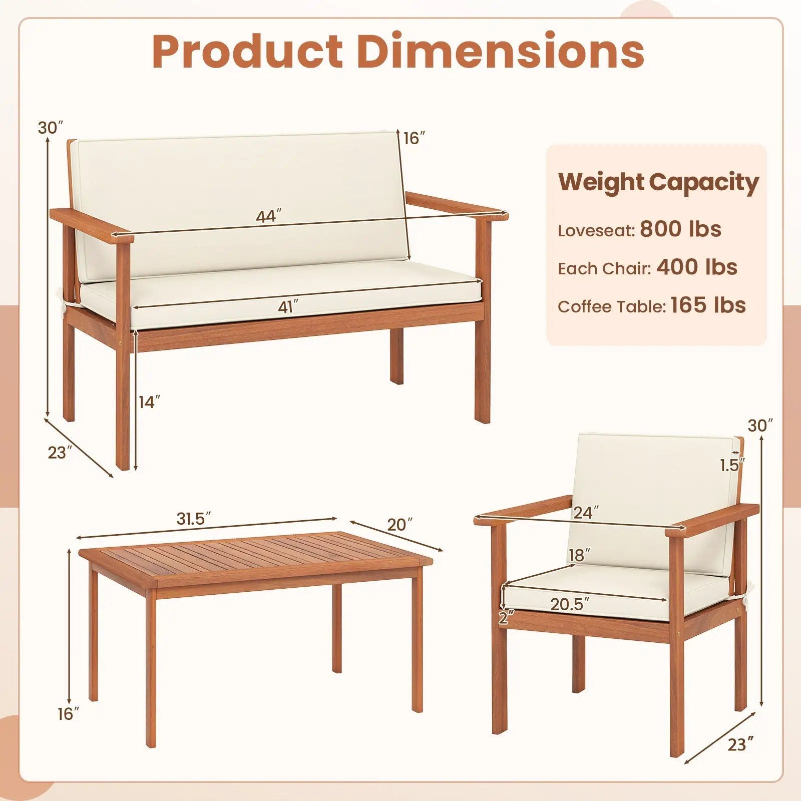4 Pieces Patio Furniture Set Acacia Wood Porch Chairs with Table-White by DirectDeals