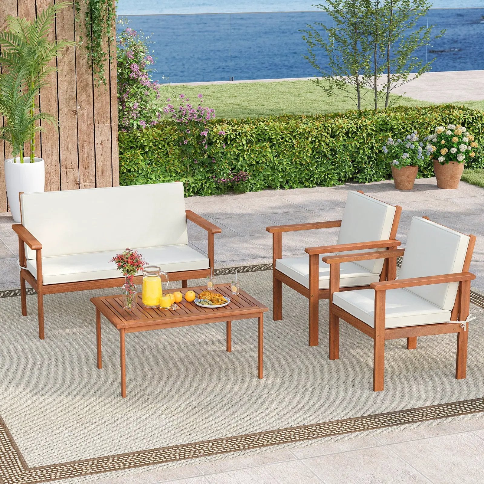 4 Pieces Patio Furniture Set Acacia Wood Porch Chairs with Table-White by DirectDeals