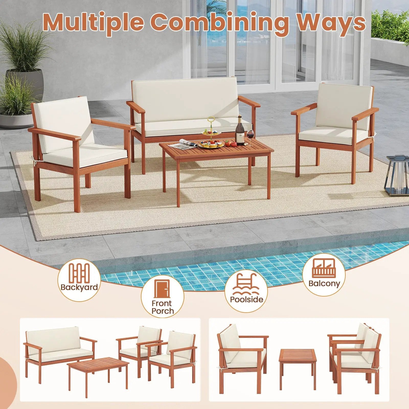 4 Pieces Patio Furniture Set Acacia Wood Porch Chairs with Table-White by DirectDeals